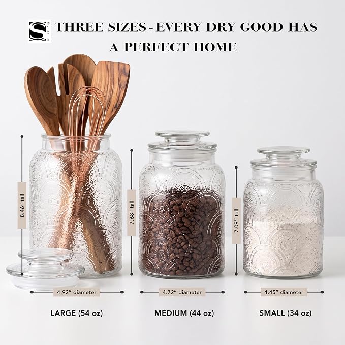 Style Setter Canister Set 3-Piece Glass Jars in 34oz, 44oz & 54oz Retro Design Lids for Cookies, Candy, Coffee, Flour, Sugar, Rice, Pasta, Cereal & More