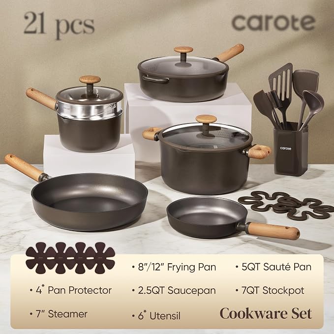 CAROTE 21pcs Nonstick Pots and Pans Set, Cookware Sets | Cooking Set, Dishwasher Safe, Induction Compatible, Even Heating, Stay Cool Handle, with Silicone Lids