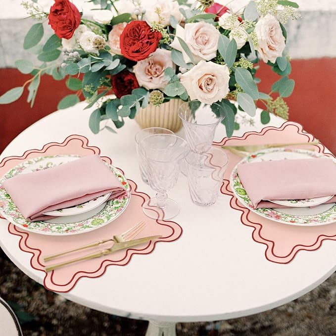 Whaline Vintage Red Pink Linen Placemats Embroidered Scalloped Kitchen Place Mats for Birthday Party Home Dining Table Decor, Set of 6, 13 x 19 in