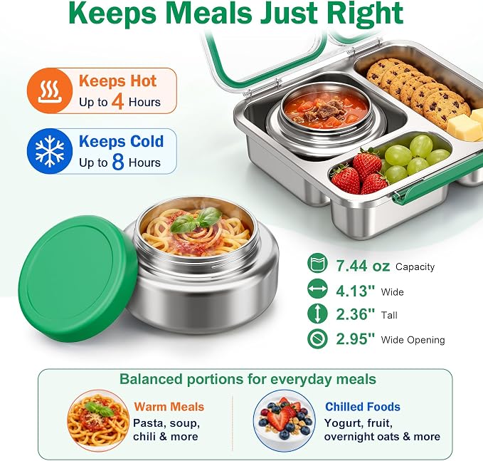 Pawtong Stainless Steel Bento Box Kids Adult with 7oz Insulated Food Jar, Transparent Lid Metal Lunch Box With Soup Thermal Jar, Lunch Box Container with Removable Divider & Sauce Cup School (Green)
