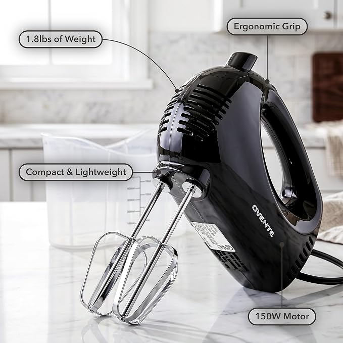 OVENTE 5-Speed Electric Hand Mixer with Storage Case,150W, Black HM151B | Stainless Steel Whisks, Compact Portable Design, Lightweight Handheld Mixer for Baking & Cooking