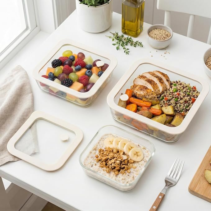 Glass Food Container Set with Glass Lid, 3 Pack, Meal Prep Containers with Silicone Framed Airtight Lid, Leakproof, 100% Plastic Free,