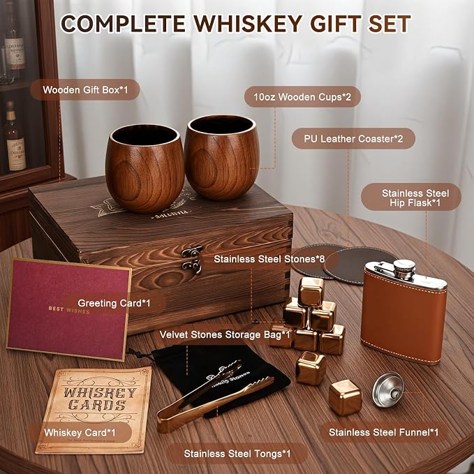 Charred Wooden Bourbon Drinking Glass Wooden Whiskey Glasses Set of 2 Complete Whiskey Gift Set Old Fashioned Glass Bourbon Gifts for Men (Gold Accents)