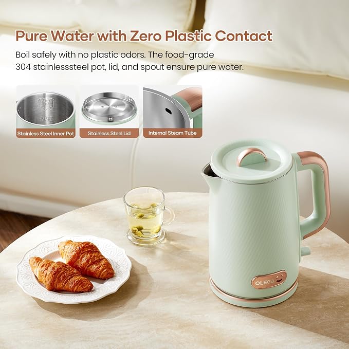 OLEGA Electric Tea Kettle: 1200W Fast Boil Electric Water Kettles 1.5L | Stainless Steel Kettle; Large Electric Water Kettle; Plastic Free Teapot; Auto Shut-Off Water Boiler; Fast Boil Kettles