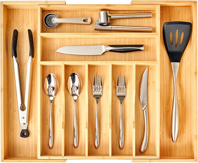 Large Expandable Kitchen Silverware Utensils Drawer Organizer, 2.5" Extra High Adjustable Drawer Divider with Curved Grooves, Bamboo Wood Cutlery Tray Flatware Holder