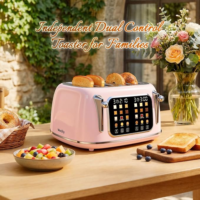 Mecity Toaster 4 Slice, Touch Screen Wide Slot Retro Toaster For Breads Bagel Muffin Waffle, House Warming Gift New Home, 120V 1650W, Pink Color