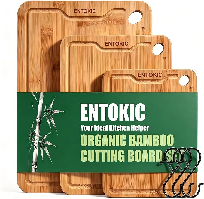 Dark Bamboo Wooden Cutting Boards Kitchen Chopping Boards With 3 hooks | Durable carbonized bamboo construction deep juice groove for food prep meat cutting vegetable chopping and daily serving