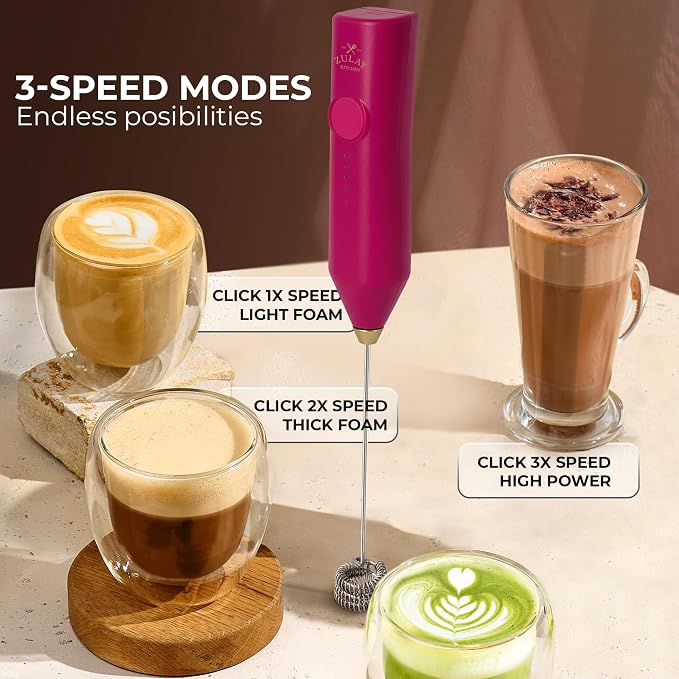 Zulay Kitchen Rechargeable Milk Frother Handheld - Frother Wand, Drink Mixer, Electric Whisk Frother, for Cappuccinos, Matcha & Protein Powder - Dynamic Triple Whisk, 3 Speed 500mAh Dragonfruit Gold