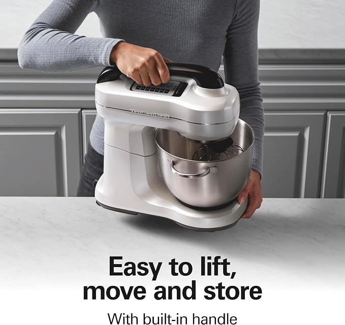 Hamilton Beach 4 Qt Electric Stand Mixer With 7 Speeds, Easy-Carry Handle | Planetary Mixing For Full Bowl Coverage | Splash Guard | 300 Watts | Whisk, Flat Beater, Dough Hook | Mixing Guide | White