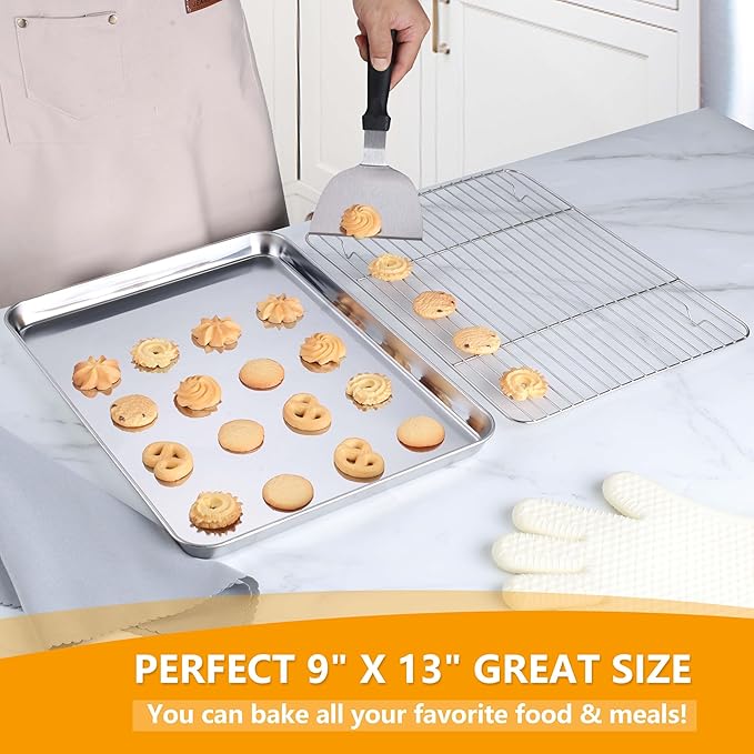 Homikit Quarter Sheet Pan with Wire Cooling Rack (1 Pan+1 Rack), Nonstick | 10x12 Inch Stainless Steel Baking Sheet with Rack, Small Cookie Pans for Toaster Oven, Metal Bacon Tray Dishwasher Safe