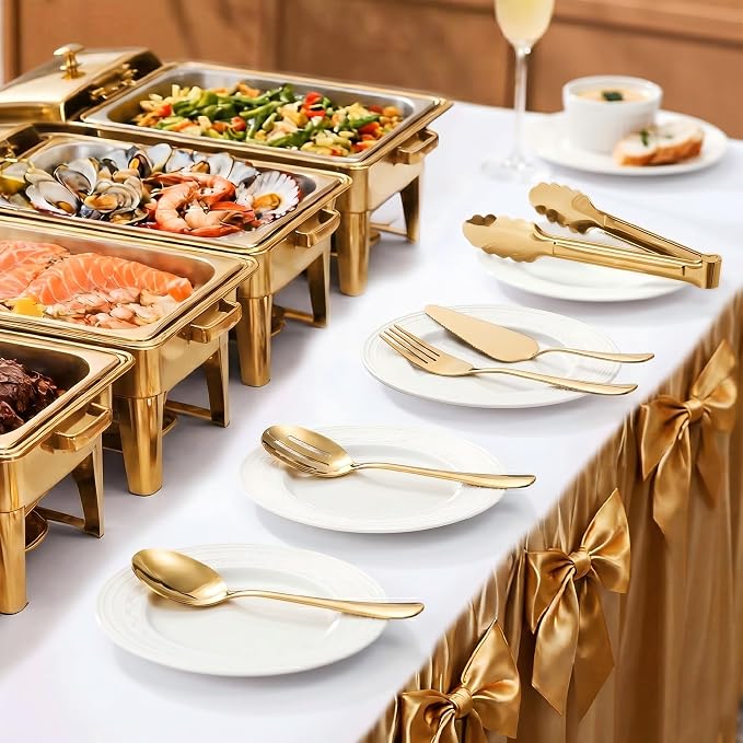 11PCS Stainless Steel Gold Serving Utensils, 8.7''Serving Spoons,8.7''Slotted Spoons, Serving Fork, 9'' Serving Tongs,Cake Server,Hostess Serving Set for Chafing Dish Buffet Catering Parties