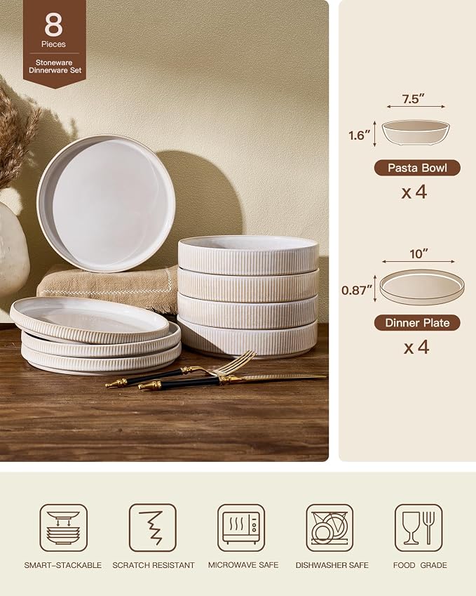 Stoneware Dinnerware Sets for 4, 8-Piece Wide Pasta Bowls and Salad Plates | Famiware Premium Ceramic Dishes, Chip & Scratch Resistant, Microwave & Dishwasher Safe, Everyday Party Use, Cappuccino White