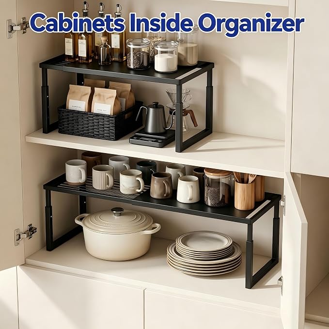 2 Packs Expandable Cabinet Shelf Organizer, Stackable Countertop Shelves | 15.8''- 25.5'' In Cabinet Shelf, Adjustable Kitchen Cabinet Organizer for Pantry Organizer, CupBoard Organizers and Storage