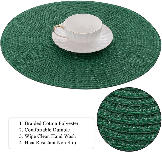 SHACOS Dark Green Round Placemats Set of 6 Cotton Polyester Braided 15 inch Washable Kitchen Dining Table Place Mats Christmas Table Mats for Home Wedding Party Decor