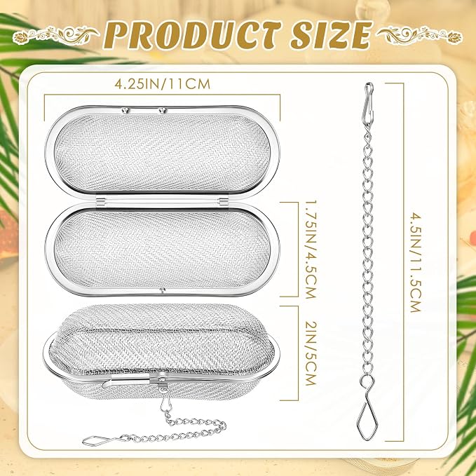 3 Pcs Large Tea Ball Infusers, Loose Leaf Tea Strainers | 4.25 x 1.75 in, 304 Stainless Steel, Mesh Oval Filters, Reusable Tea Steeper, for Kitchen Home Office, Spice Bags for Cooking