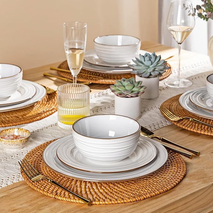 GBHOME Ceramic Dinnerware Sets of 6,18 pcs Plates and Bowls Sets Dishes | Embossed Elegant Stoneware Dishes Set | Dishwasher & Microwave Safe | Service for 4