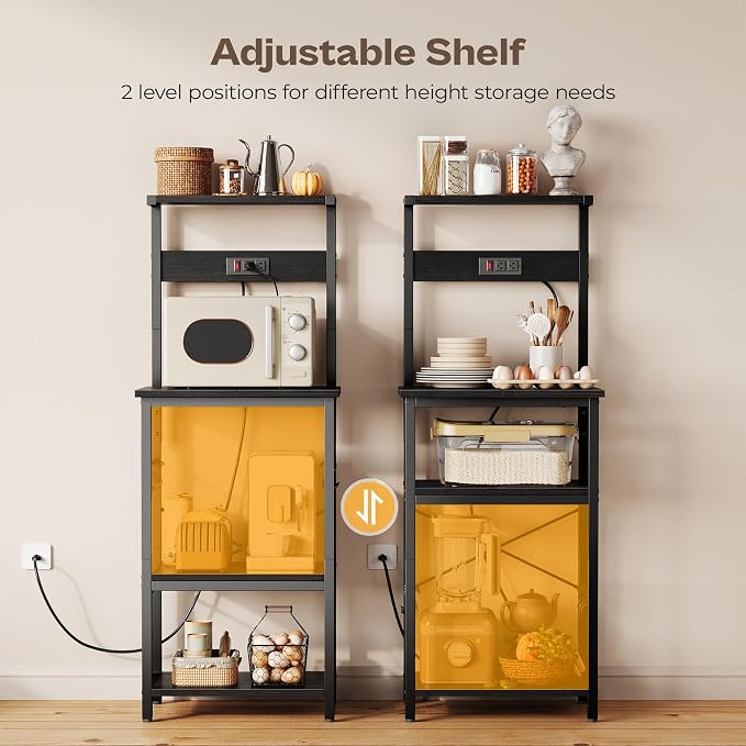 SUPERJARE 4 Tier Bakers Rack with Power Outlets, Microwave Stand with Adjustable Shelf, Kitchen Shelf Organizer for Small Space, Coffee Bar with 6 S Hooks, Kitchen Storage Rack, Black