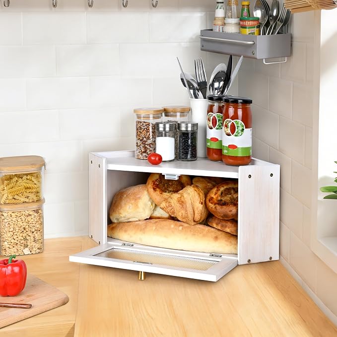 Bread Box for Kitchen Countertop with Acrylic Window White | Farmhouse Bread Storage Container, Large Pantry Organizers for Homemade Snacks, Loaves, Breathable Keeps Bread Fresh