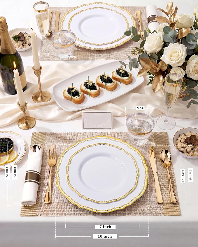 175 Pcs White and Gold Plastic Plates Wedding & Party | Gold Plastic Dinnerware Set Includes 25 Dinner Plates, 25 Dessert Dinnerware, 25 Cups, 25 Rolled Napkin Cutlery