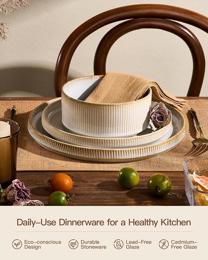 Stoneware Dinnerware Sets, Reactive Glaze Dishes Set for 8 | 24-Piece Ceramic Plates and Bowls Set, Microwave & Dishwasher Safe, Chip & Scratch Resistant, Modern Rustic, Cappuccino White