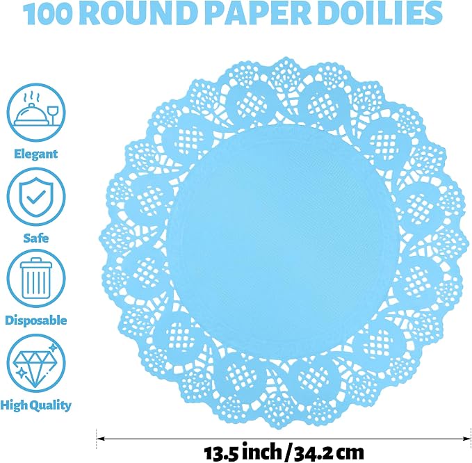 MCEAST 100 Pack Round Blue Paper Doilies 13.5 Inches Lace Paper Place Mats Rustic Scallop Doily Disposable Table Pads for Food Cakes Crafts Party Weddings Tableware Decor