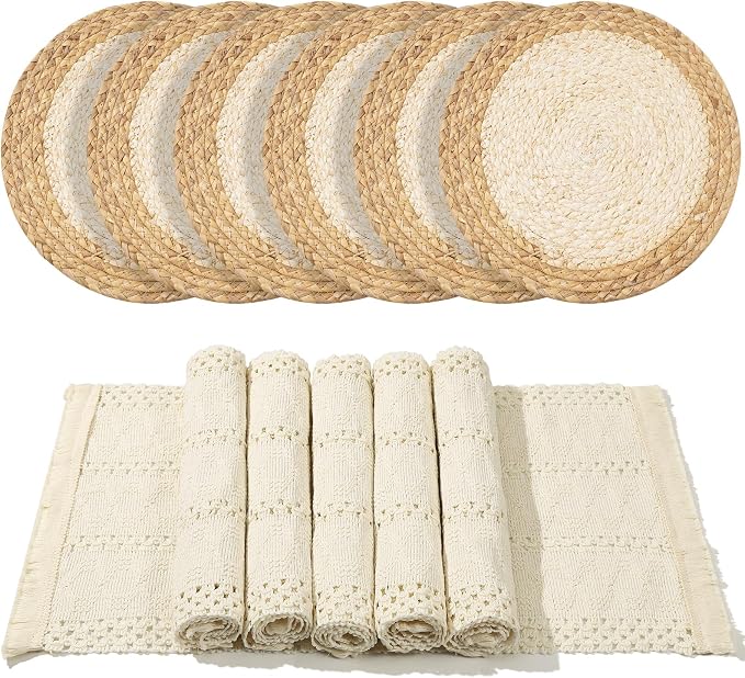 Handmade Boho Placemats Set of 6 | Natural Woven & Fabric Cotton Combo Table Mats | 12-Piece Versatile Place Mats | Rustic Farmhouse Style Dining Table Decor