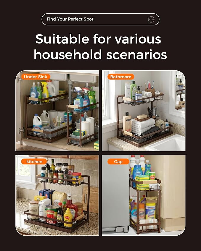 3-Pack 2-Tier Height Adjustable Under Sink Organizer, Brown | Multi-purpose metal storage shelf with sliding shelves for kitchen, bathroom, pantry & laundry cabinet