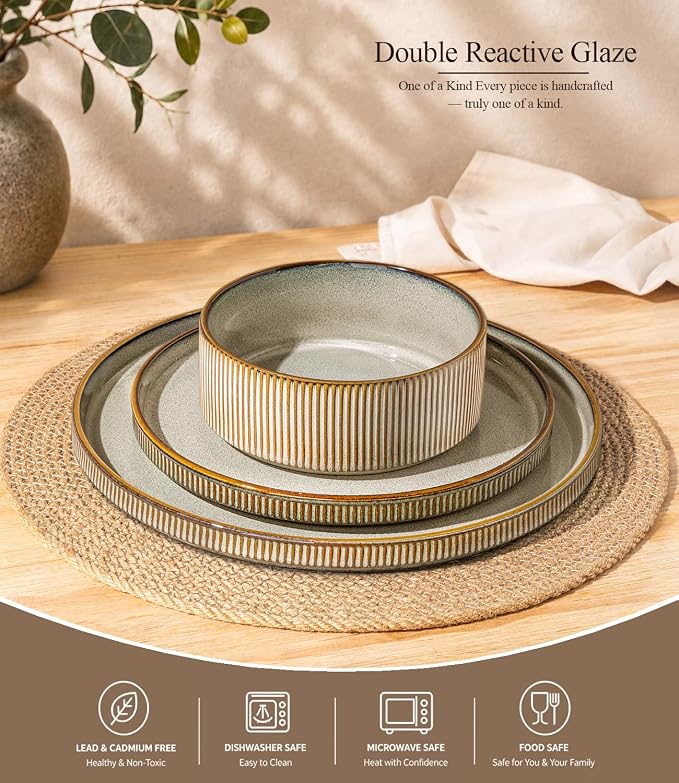 GBHOME Stoneware Dinnerware Sets for 4, 12-Piece Plates and Bowls Set | Handmade Reactive Glaze Ceramic Dish Set, Scratch Resistant, Dishwasher&Microwave Safe,Green Wheat