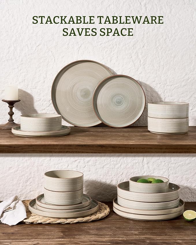 Famiware Stellar 12-Piece Stoneware Dinnerware Set, Matcha Green | Stoneware Plates and Bowls, Handmade Reactive Glaze, Microwave & Dishwasher Safe, Chip & Scratch Resistant
