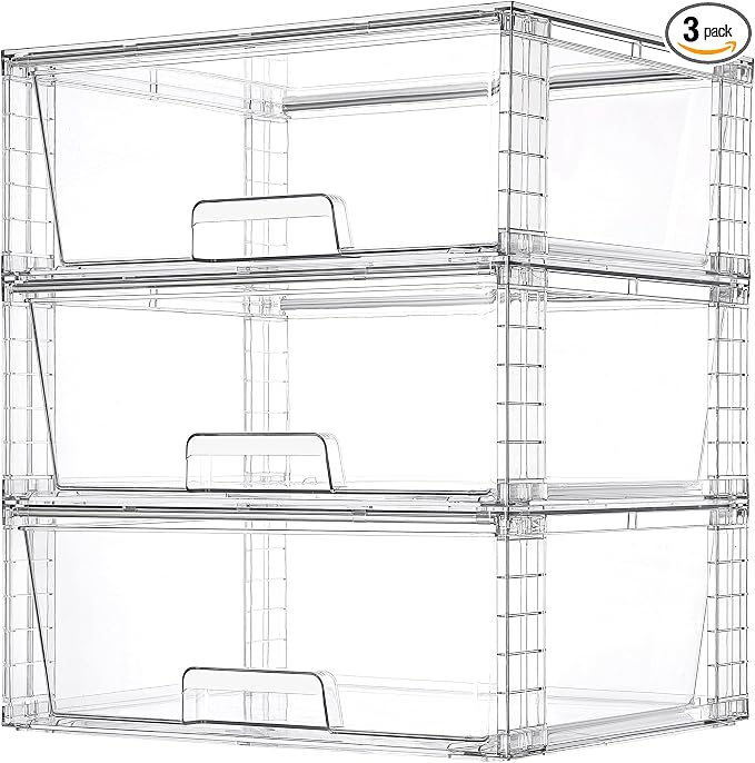 Vtopmart 3 Pack Large Clear Stackable Storage Drawers for Closet, Pantry | Easily Assemble Bathroom Closet Undersink Organizers,Plastic Bins for Cabinet,Kitchen Pantry,Medicine Organization