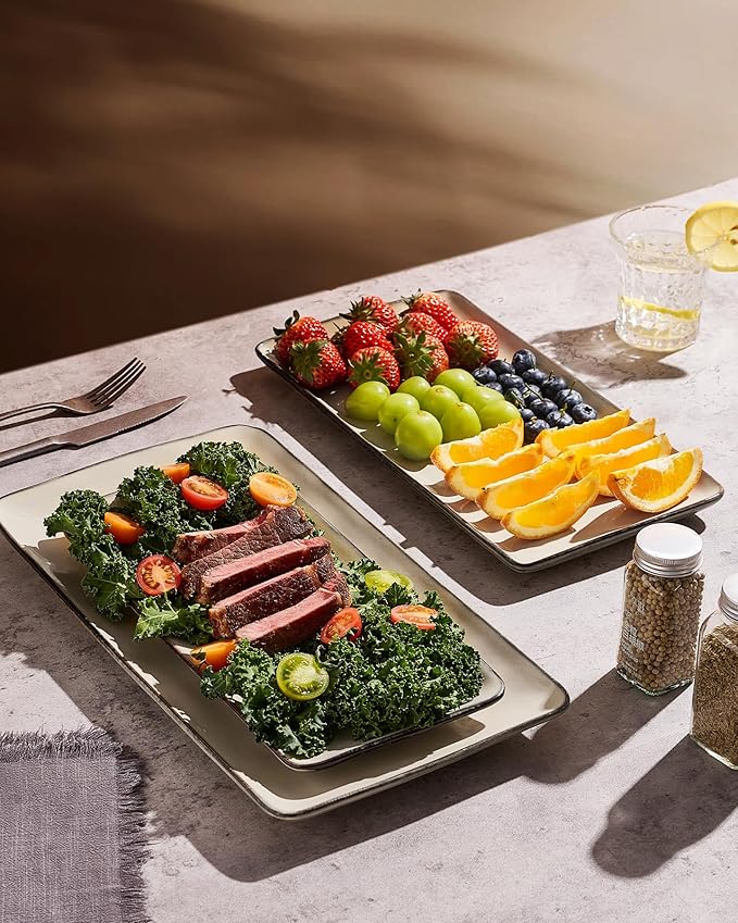Famiware Serving Platters Set of 3 Sizes - Rectangular, Light Khaki | 15.67"/14.1"/12.6" Fine Stoneware Serving Trays for Party, Entertaining for Food, Turkey, Cheese, Microwave Dishwasher Safe