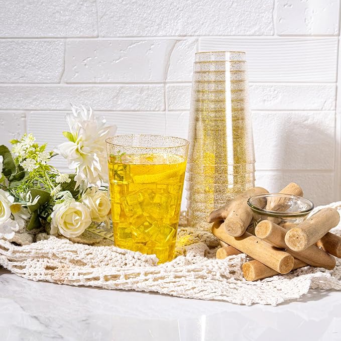I00000 50 Pack 14 oz Gold Plastic Cups, Disposable Tumblers Gold Glitter Plastic Cups, Disposable Wine Glasses Cocktail Glasses Perfect for Wedding & Party