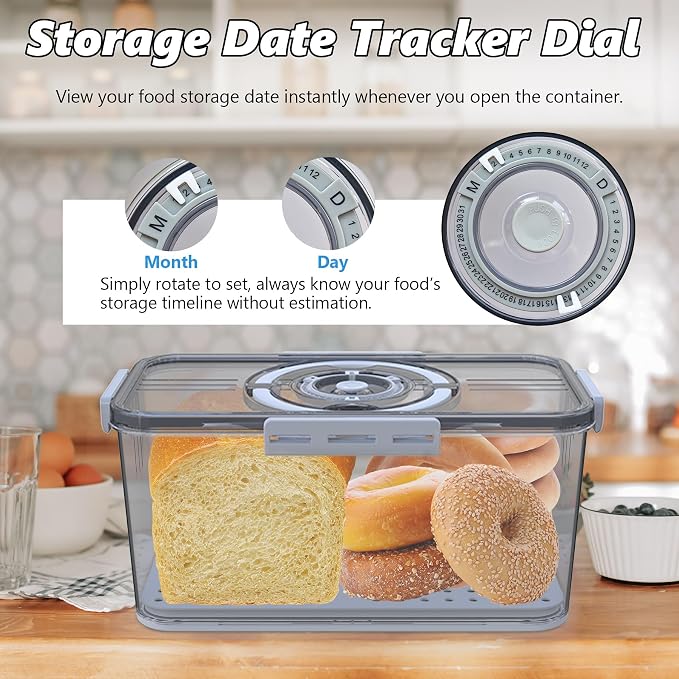 Bread Box with Lid and Handle,Airtight Bread Storage Container with Time Recording,Bread Keeper for Homemade Toast, Bagel, Portable bread boxes for Camping & Outdoor Travel,Not dishwasher safe