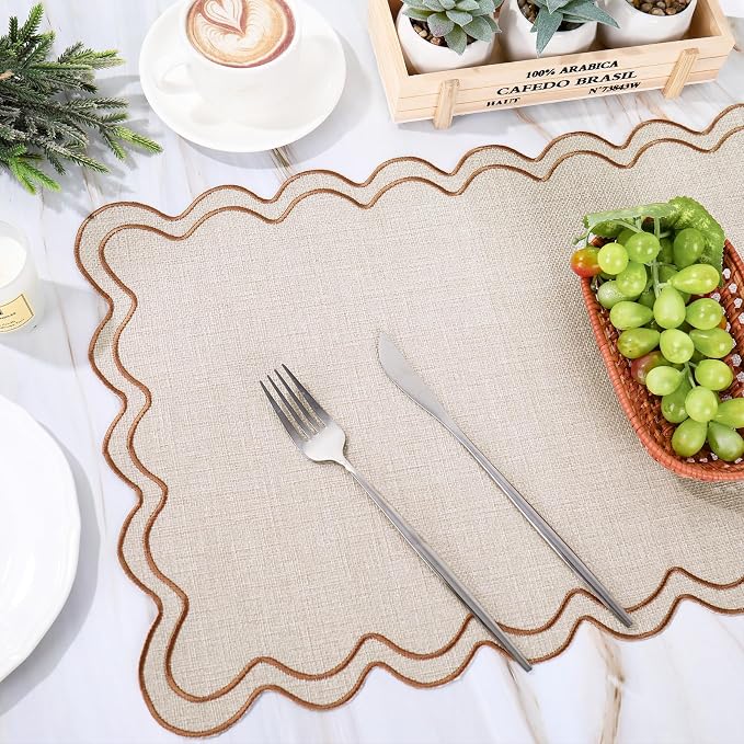 Whaline Beige Linen Placemats Embroidered Scalloped Kitchen Place Mats for Birthday Baby Shower Party Home Dining Table Decor, Set of 6, 13 x 19 in
