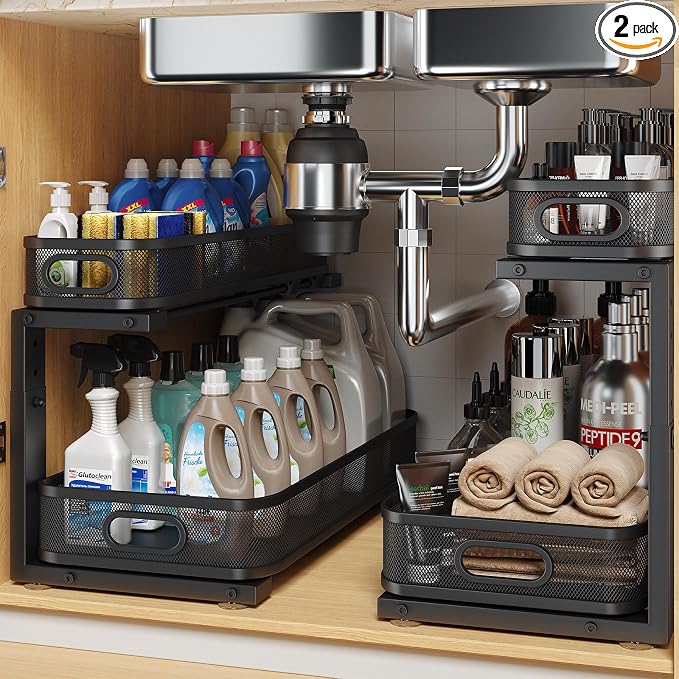2 Pack 19.3IN-Depth Under Sink Organizer with Smooth Cylindrical Rail,2-Tier Pull Out Multi-Purpose Cabinet Storage for Bathroom&Kitchen,Height Adjustable,Rust-Resistant Coating-Black