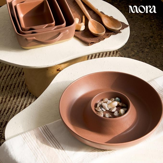 Mora Ceramic Chips and Dip Serving Tray: Large Divided Party Bowl Set for Chips & Salsa, Veggies & Dip, Fruit, Snacks, Entertaining, Hosting, etc. Minimalist Design for the Modern Hostess - Terracotta