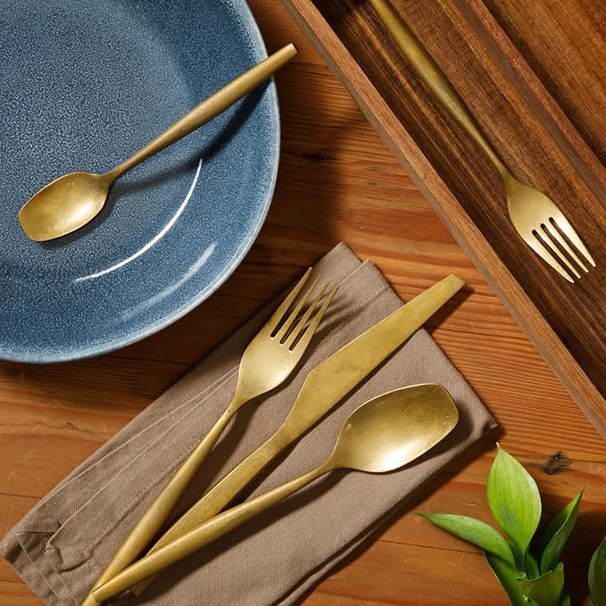Two Time Oprah's Favorite Things Winner - 20 Piece Stone Washed Gold Flatware 18/10 Stainless Steel Silverware Cutlery Utensil Set With Acacia Wood Caddy - Service for 4