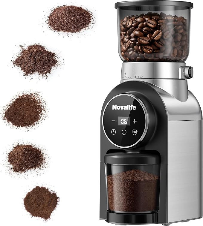 Electric Coffee Grinder, Burr Coffee Beans Grinder with 30 Grinding Settings, Burr Mill Grinder for Home Use, Touchscreen Adjustable 2-10 Cups or 40-Second Timer, Stainless Steel