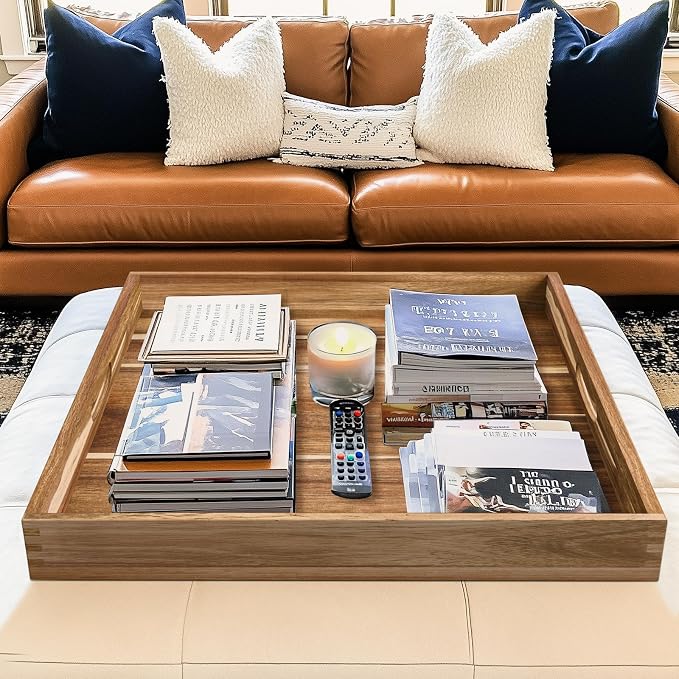 Extra Large Ottoman Tray, 24" Square Acacia Wood Tray with Handles | Farmhouse Wooden Decorative Trays, Oversized Coffee Table Tray, Serving Platter Tray for Living Room, Countertop, Charcuterie