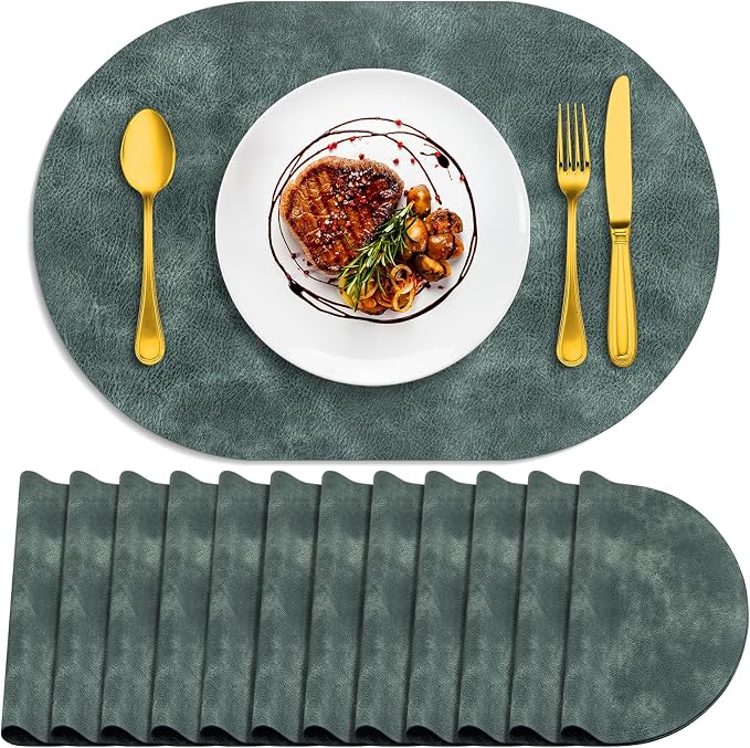 ADRIMER Placemats, Heat Resistant Oval Placemats Set of 12 Washable 12 x 17 Inch, Waterproof Table Mats, Wipeable Pu Place Mats for Kitchen, Dining Room, Blue & Green