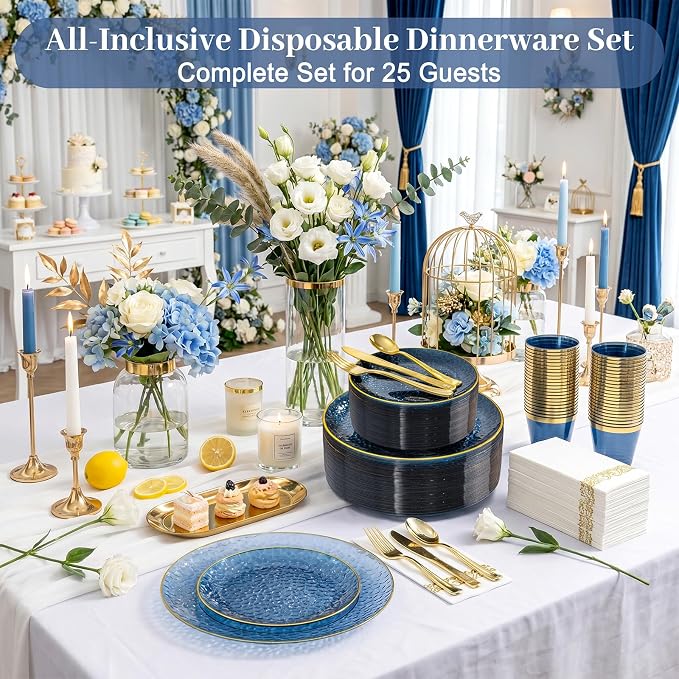 DaYammi 350PCS Blue Plastic Dinnerware Set, Plastic Plates Disposable Hammered Disposable Plates for Party, Include: 50 Dinner Plates 50 Dessert Plates 150 Gold Silverware 50 Napkins 50 Cups