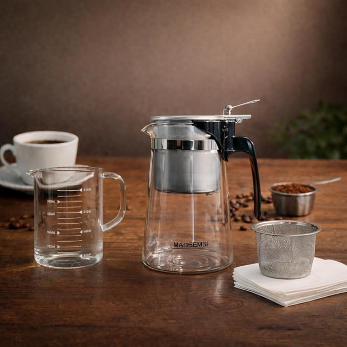 Pour Over Coffee Maker Set, 304 Stainless Steel Coffee Dripper with On/Off Switch, Borosilicate Glass Small Coffee Pot, 50 Filter Papers, Multi-Functional Immersion Drip Cafe Brewer Machine (1, 250ml)