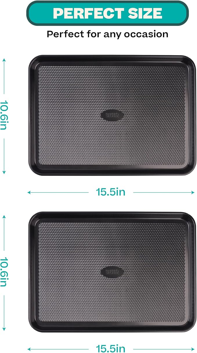 Baker's Secret 2 Pack Jelly Roll Pan 15.75x10.9', Commercial Cookie Sheets for Baking with Diamond Texture Surface, 100% Thicker Carbon Steel Baking Sheet for Oven, Nonstick Cooking Tray