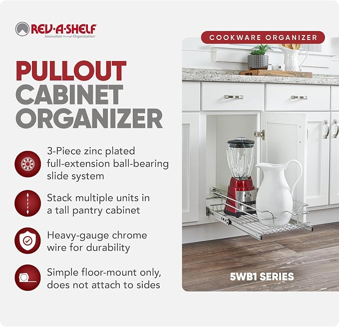 Rev-A-Shelf Steel Wire Pullout Drawer Organizer Shelf for Kitchen Cabinets, Slide Out Storage Basket, Min Opening Width of 11.5", 12" x 20", 5WB1-1220CR-1