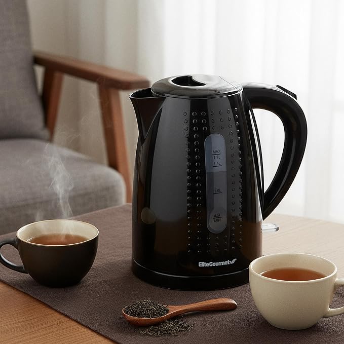Elite Gourmet EKT5051 1.7L Electric Water Kettle, BPA-Free Fast Boil, Black | Auto Shut-Off, Boil-Dry Protection, 360° Swivel Base Cordless Serving, Clear-View Water Level Window