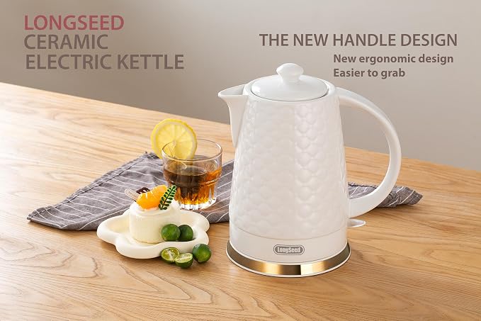 1.5L Ceramic Electric Kettle, 1200W Fast Boil Retro Tea Pot with LED Light, BPA-Free Porcelain Cordless Water Boiler, Auto Shut-Off & Boil-Dry Protection, White Relief Carving