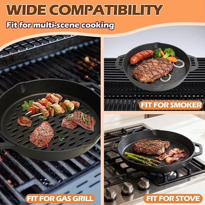 12" Round Cast Iron Grill Basket with Dual Handles – For Veggies/Fish/Meat | Heavy-duty seasoned cast iron basket; fits most grills/smokers; small perforations prevent food loss; dual handles