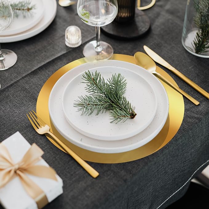50PCS 13in Round Gold Placemats, Disposable Paper Chargers Plate | Paper Placemats for Dining Table, Mirrored Gold Charger Placemat for Kitchen Banquet Table Setting Wedding Birthday Party