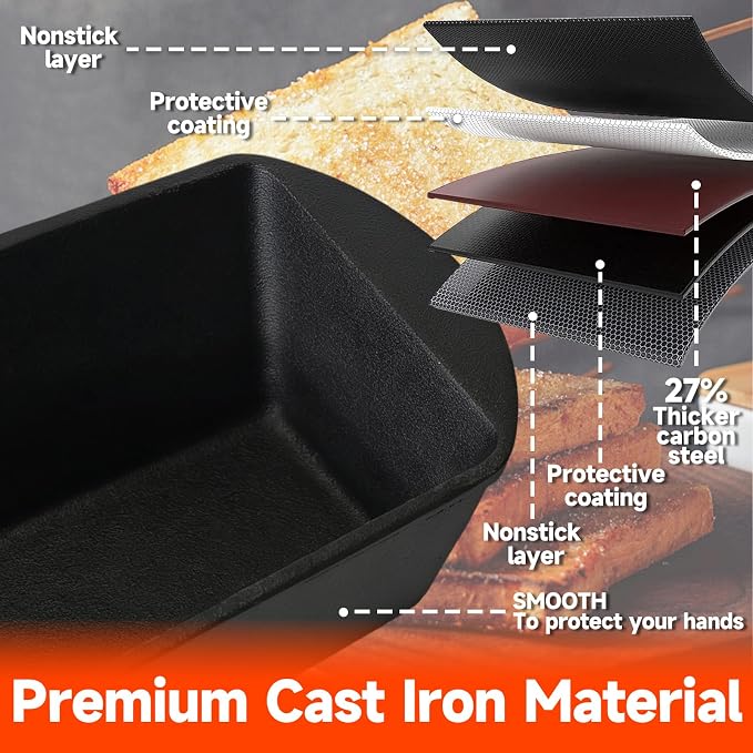 Black Cast Iron Loaf Pan with Lid, 13.8 Inch Bread Baker for Sourdough | For sandwich bread, banana bread, pound cake, meatloaf, casseroles and home oven baking.