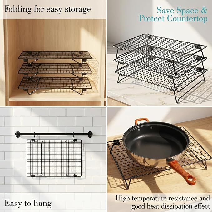 Kifmurase 3-Tier Stackable Baking Racks Cooling Carbon Steel Wire Rack | 13.39 x 9.37 Inch, with Folding Legs, for Cookie Cake Pizza, Multi-Use Oven Rack, for Cooking, Roasting, Drying